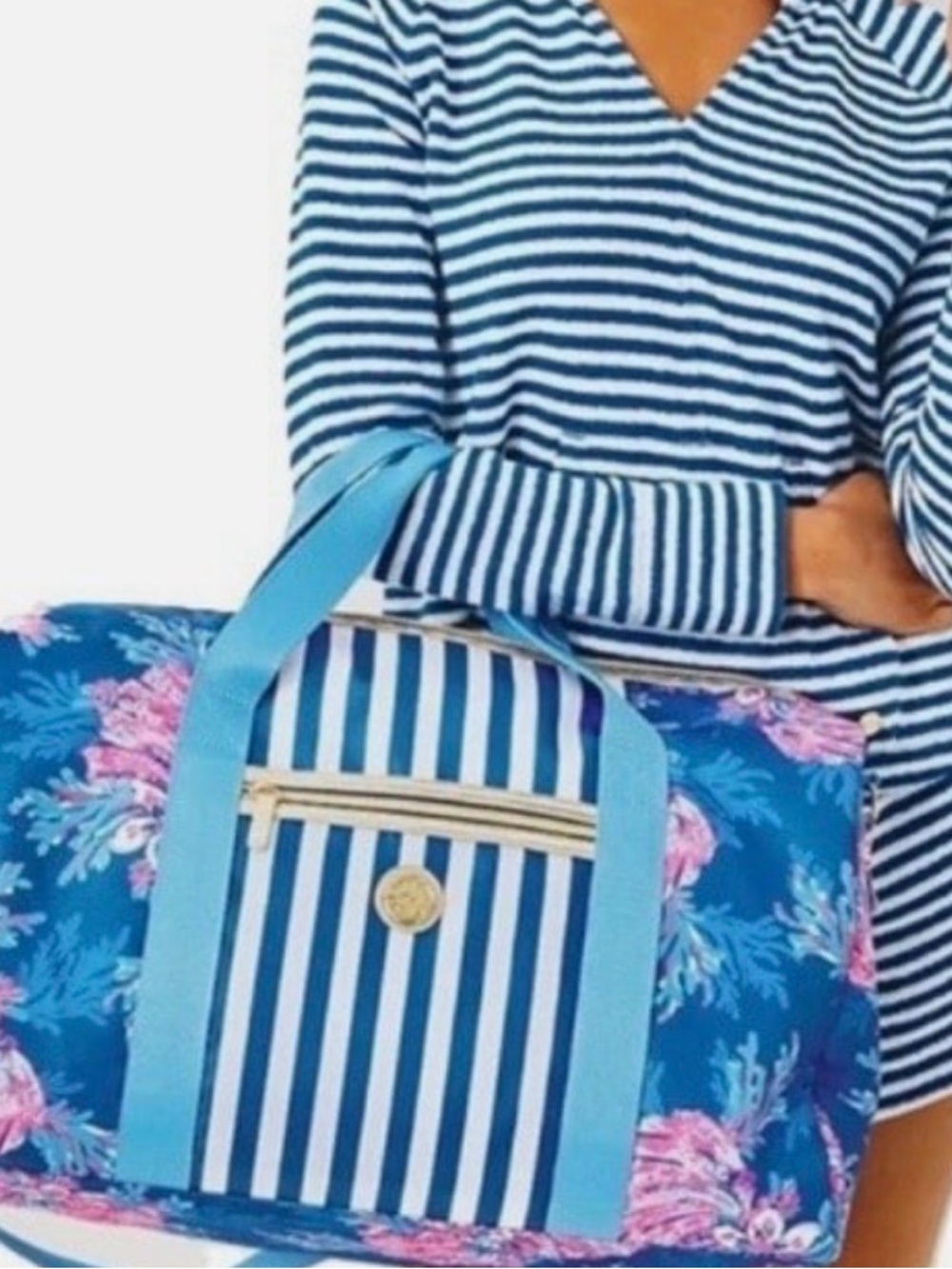 Lilly Pulitzer Multi One for the Fans Blue Floral & Stripe Weekend Tote Bag
